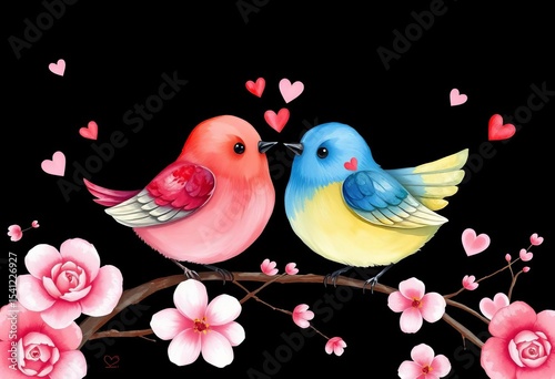 Whimsical watercolor lovebirds on black, romantic Valentine's Day theme, illustration, valentines