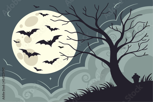 Spooky Halloween Night with Moon and Bats