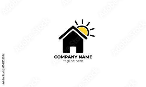 real estate logo, home logo with sun, home logo vector design illustration