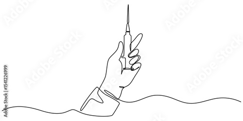 Continuous single line drawing of hand holds syringe. Syringe in one continuous line drawing vector illustration, Gloved hands holding syringe, one line art, continuous drawing contour. Coronavirus 