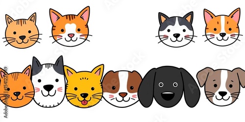 Whimsical hand-drawn doodle collection of cat and dog faces arranged horizontally, whimsical, pet portrait
