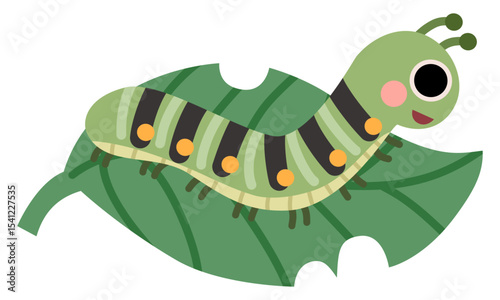 Flat illustration of cute insect caterpillar on leaf