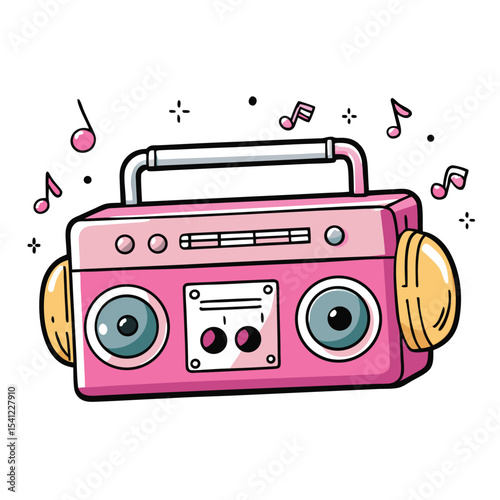 Cartoon Pink Boombox with Headphones and Music Notes on a White Background