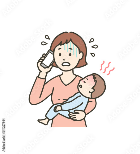 急な発熱をした子供を抱いて焦り医療機関に電話する母親の上半身イラスト