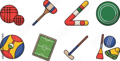 Colorful Flat Sport Equipment Icons – Croquet, Cricket, Polo, and Field Games Set on White Background