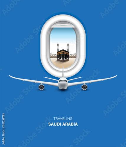 looking through plane window enjoying Beautiful Kaaba vector top view banner design for Hajj in Saudi Arabia.travel and tours illustrations vector background.tourism poster road trip holiday vacation