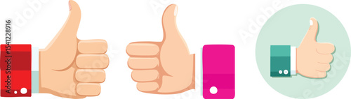Vector Illustration of Thumbs Up Gestures in Modern Flat Design Style Featuring Three Distinct Hands with Vibrant Colors and Simplified Forms Representing Agreement and Positivity

