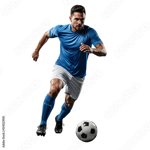 Soccer player in blue jersey dribbling the ball