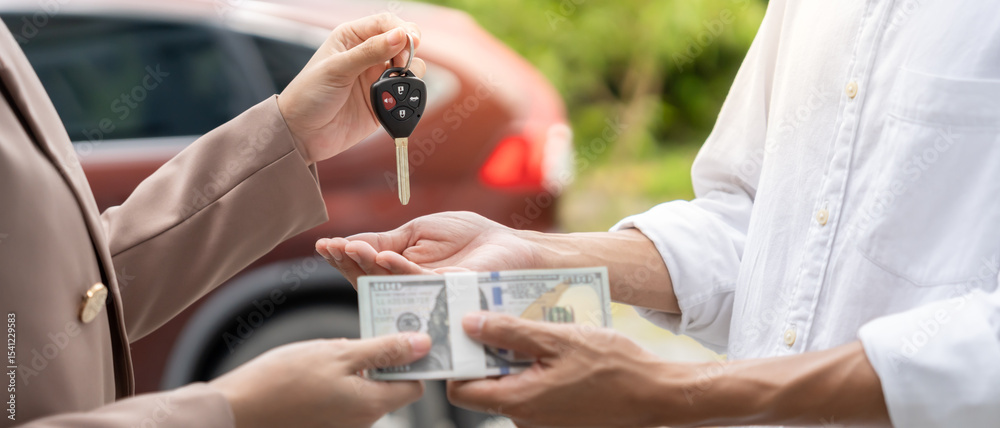 Obraz premium lease, rental and selling car. Car agent sent key for new owner. Customer pass on money for buy. rent car, Sales, loan credit financial, insurance, Seller, dealer, installment, Used car