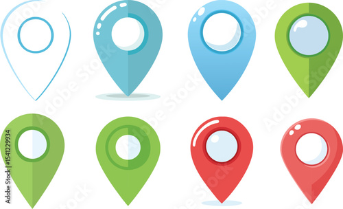 Free Download Location Pin Icons in Flat Cartoonish Style with Glossy Three-Dimensional Effects on a White Background for Map Apps and UI Design - GFXLoad