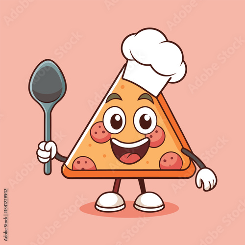 Cartoon Pizza Slice Chef Holding Spoon With Smiling Face on LightPink Background