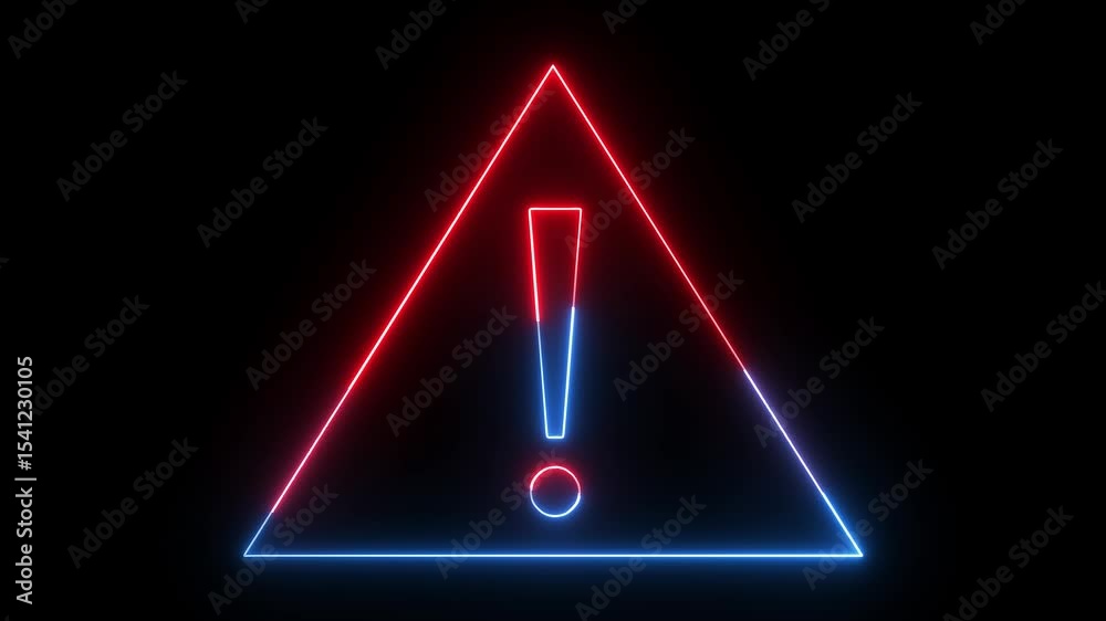 warning attention icon animation glowing neon red and blue color danger risk alert road warning sign stop error signal emergency issue sign symbol on black background 