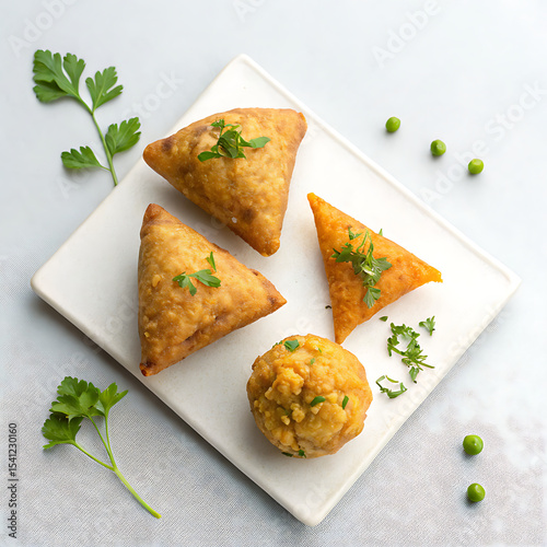 Delicious Samosas and Aloo Tikki Served on a White Plate Garnished with Fresh Parsley and Green Peas on a Textured White Background