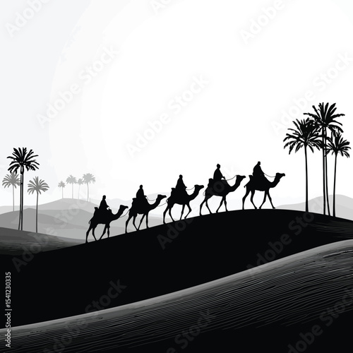 Camel Caravan in Desert Silhouette – Peaceful Nomadic Vector Illustration

