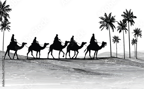 Camel Caravan in Desert Silhouette – Peaceful Nomadic Vector Illustration

