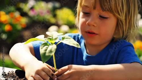 Little boy in a garden. Blonde child, freckled, in denim dungarees, planting vibrant red flowers. Garden setting, natural light. Little girl gardening. Kid outdoor activity. Childhood nature trees