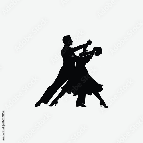 Silhouette of elegant ballroom dancers in motion. Male in suit, female in flowing dress, captured in a graceful pose. Perfect for dance, romance, and artistic vector projects.