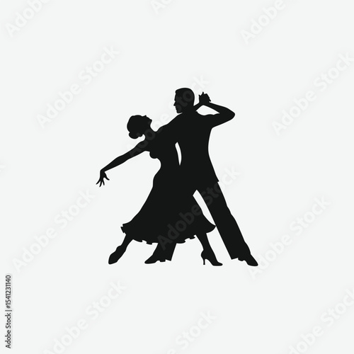 Silhouette of elegant ballroom dancers in motion. Male in suit, female in flowing dress, captured in a graceful pose. Perfect for dance, romance, and artistic vector projects.