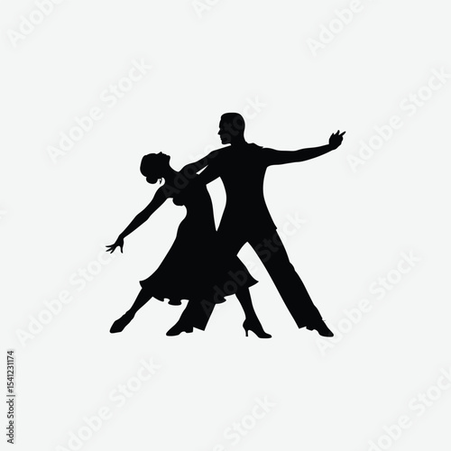 Silhouette of elegant ballroom dancers in motion. Male in suit, female in flowing dress, captured in a graceful pose. Perfect for dance, romance, and artistic vector projects.
