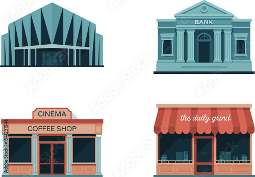 A cartoon vector illustration of old shop windows on a building facade with a white background
