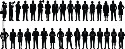 Business people silhouette set, men and women in suits, corporate team, standing pose, leadership, office staff,