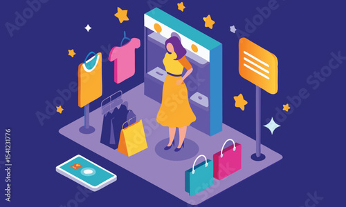Isometric illustration of woman shopping for clothes isolated on white background
