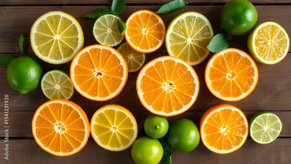 Fresh Citrus Fruits Arrangement on Rustic Wooden Table Fresh Citrus Fruits Arrangement on Rustic Wooden Table