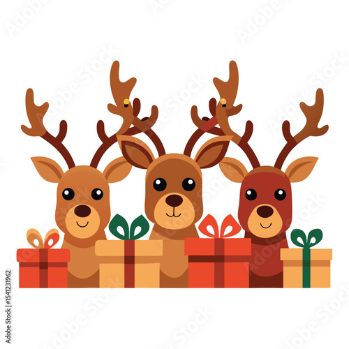 Cute cartoon Christmas reindeer with a blank sign or card and a festive tree