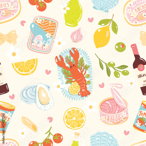 Cute Seafood Picnic Seamless Pattern with Lobster and Canned Food in Pastel Style