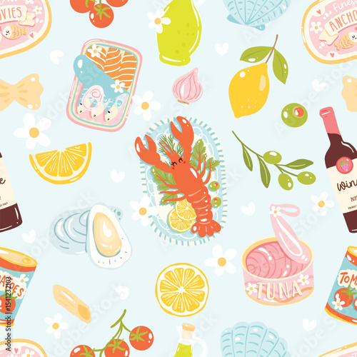 Cute Seafood Picnic Seamless Pattern with Lobster and Canned Food in Pastel Style