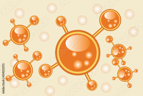 Orange, golden yellow molecule of hyaluronic acid or collagen, nano 3D cell, vector bio scientific icon. Cosmetology treatment isolated elements. Beauty science skin care molecular concept