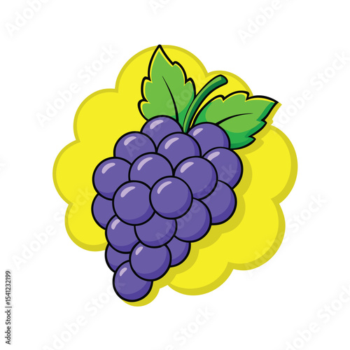 Cartoon Purple Grapes with Green Leaves on Yellow Background, Cute Fruit Illustration