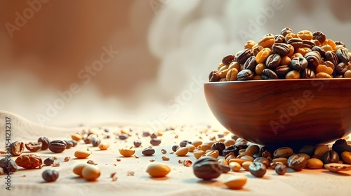 A grand, epic scene in electric vivid colors depicts a massive wooden bowl of mixed nuts and dried fruit on a beige background. Modern and futuristic, the image features heroic elements and intense 