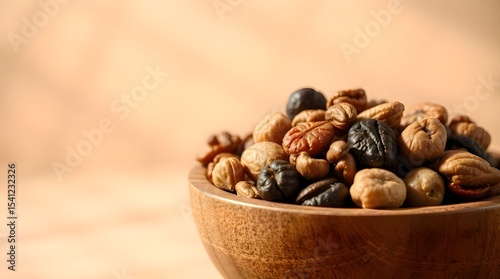 An extreme macro close-up showcasing a wooden bowl of mixed nuts and dried fruit against a beige background, artistic lighting creating abstract patterns and highlighting intricate subject details 