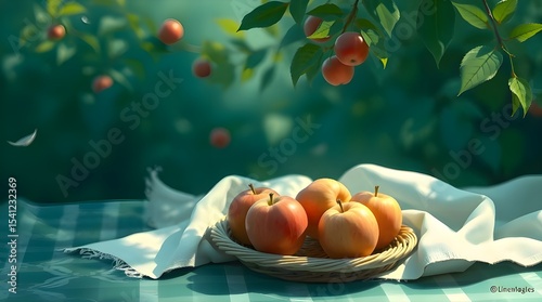 Digital painting, sustainable picnic scene with apples and linen cloth, rich deep teal color palette, luxurious and vibrant aesthetic, smooth gradients, fine details 