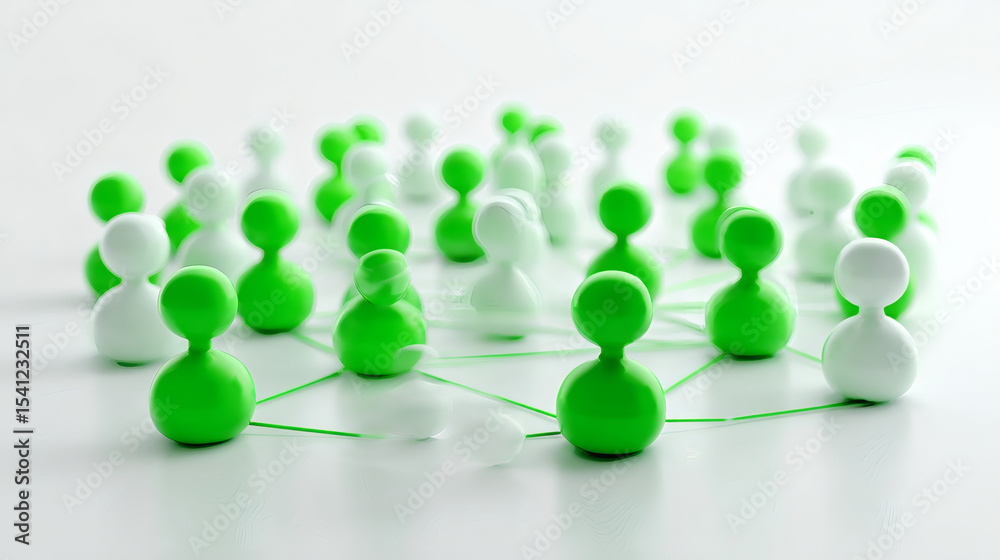 Obraz premium Green and white figurines connected by lines, representing a network or social connections on a white surface.