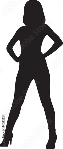 silhouette of a young lady standing with hands on hips in confidence, isolated plain white background