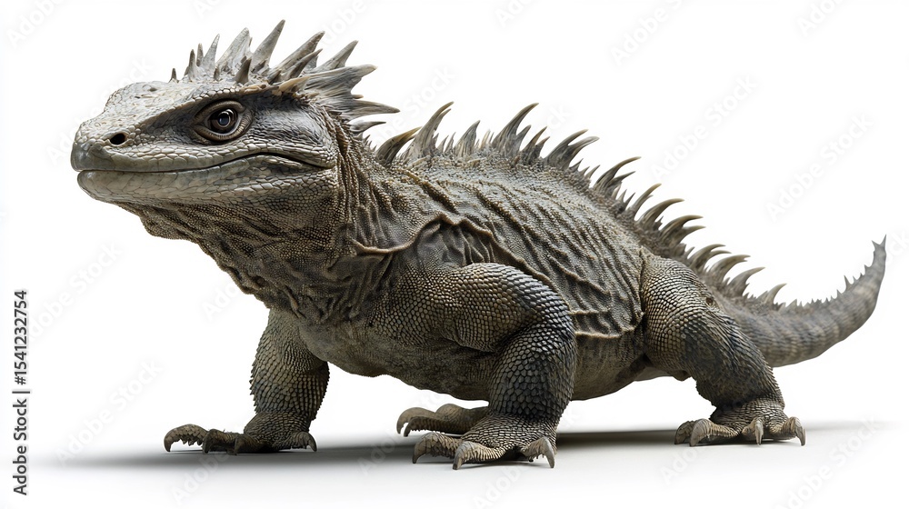 Obraz premium Prehistoric looking tuatara lizard standing motionless spiny crest running down its back isolated on a white background