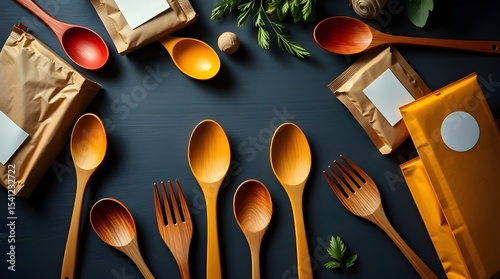 A flatlay of eco-friendly packaging mockup with wooden spoons and forks in electric vivid colors. High contrast, intense dramatic lighting, creating tension 
