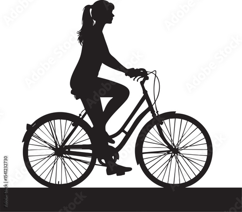 silhouette of a young lady riding a bicycle in side profile, isolated plain white background