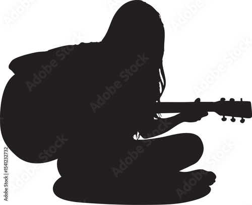 silhouette of a young lady playing guitar in seated position, isolated plain white background