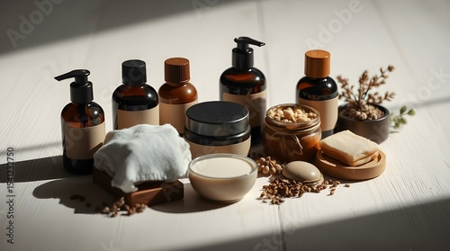 High-contrast low-key lighting illuminates a spa treatment kit with natural products arranged on a white wooden background.  Earth tones of browns and beiges dominate, muted colors enhanced by deep