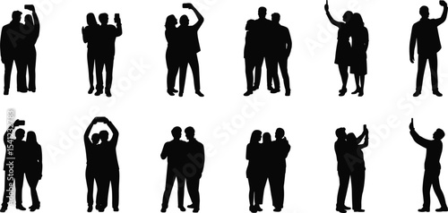 Silhouette people taking selfies, couple and group pose, mobile phone, black figure illustration, modern lifestyle