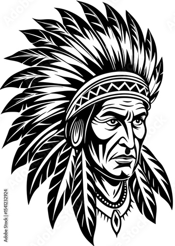 Symbol of Authority: A majestic representation of a Native American chief adorned with a traditional headdress, conveying authority and wisdom through intricate detail.