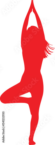 silhouette of a young lady in yoga tree pose, isolated plain white background