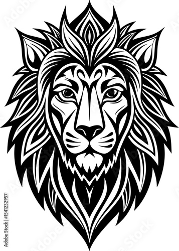 Majestic Lion Head Emblem: A striking lion head emblem in bold black and white, embodying strength and regal elegance, with intricate artistic detail.