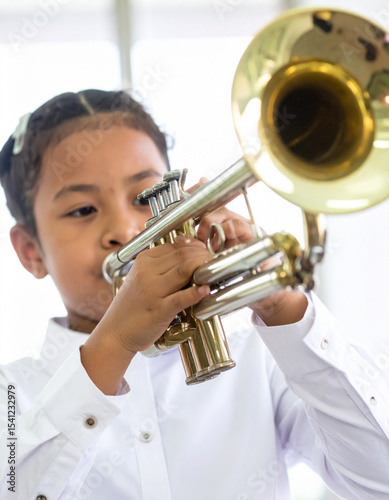 Child with dark skin playing a trumpet