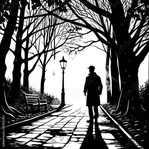 Silhouette of man walking on a cobblestone path