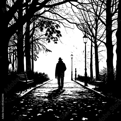 Silhouette of man walking down a tree lined path