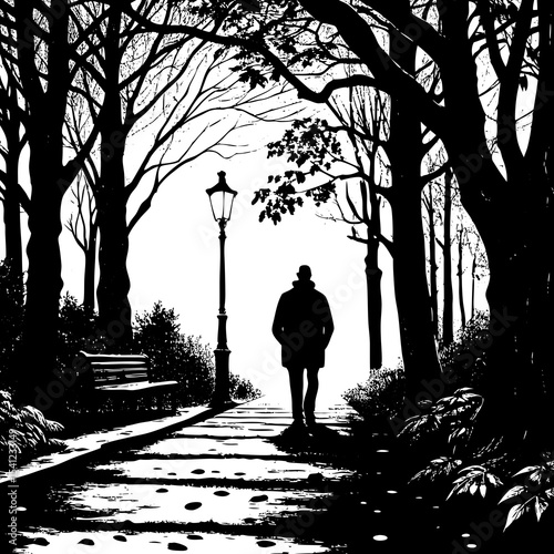 Solitary man walking in a park path